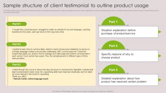 Sample Structure Of Client Testimonial To Outline Product Usage Tools For Marketing Communications