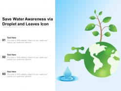 Save water awareness via droplet and leaves icon