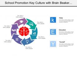 School promotion key culture with brain beaker monitor icons