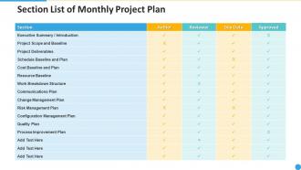 Section list of monthly project plan