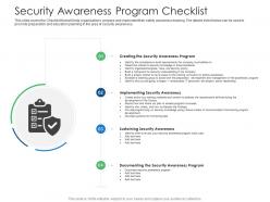 Security awareness program checklist cyber security phishing awareness training ppt slides