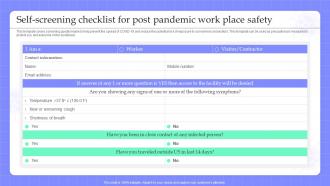 Self Screening Checklist For Post Pandemic Pandemic Business Strategy Playbook