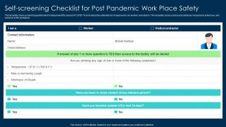 Self screening Checklist For Post Pandemic Work Place Safety Business Transformation Guidelines