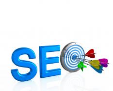 Seo letters with arrows hitting the center of target stock photo