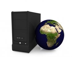 Server with earth globe shows global data storage stock photo