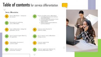 Service Differentiation Table Of Contents For Service Differentiation Ppt Slides Graphics Download