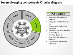 Seven Diverging Components Circular Diagram Flow Arrow Chart Powerpoint Slides