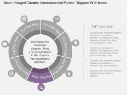 Seven staged circular interconnected puzzle diagram with icons flat powerpoint design