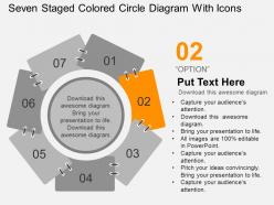 Seven staged colored circle diagram with icons flat powerpoint design