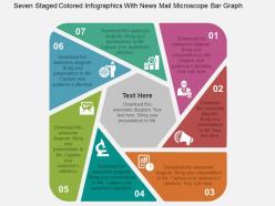 Seven staged colored infographics with news mail microscope bar graph flat powerpoint design