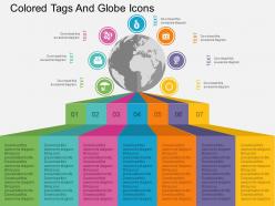Seven staged colored tags and globe icons ppt presentation slides