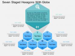 Seven staged hexagons with globe flat powerpoint design