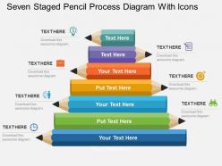 Seven staged pencil process diagram with icons flat powerpoint design