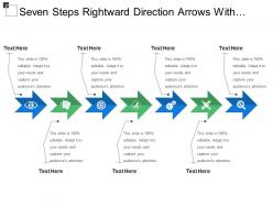 Seven steps rightward direction arrows with text boxes and icons