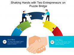 Shaking hands with two entrepreneurs on puzzle bridge