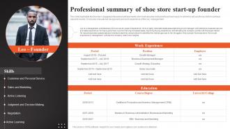 Shoe Shop Business Plan Professional Summary Of Shoe Store Start Up Founder BP SS