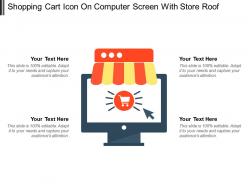 Shopping cart icon on computer screen with store roof