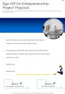 Sign Off For Entrepreneurship Project Proposal One Pager Sample Example Document
