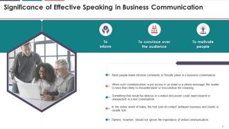 Significance Of Effective Speaking In Business Communication With Illustration Training Ppt