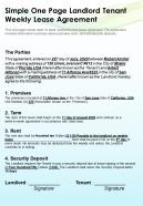 Simple one page landlord tenant weekly lease agreement presentation report infographic ppt pdf document