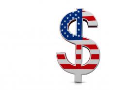 Single dollar symbol with american flag design stock photo