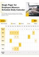 Single pager for employee absence schedule daily calendar presentation report infographic ppt pdf document