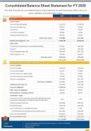 Single pager for organization balance sheet statement for fy 2020 template 328 infographic ppt pdf document