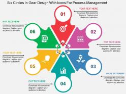 Six circles in gear design with icons for process management flat powerpoint design