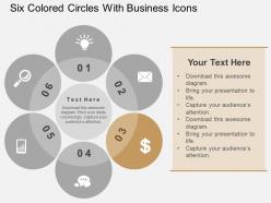 Six colored circles with business icons flat powerpoint design