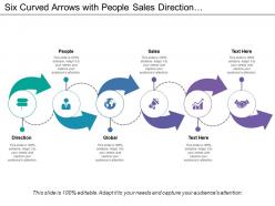 Six curved arrows with people sales direction and global icons