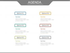 Six different business agendas with options powerpoint slides