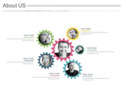 Six gears for business profile and about us powerpoint slides
