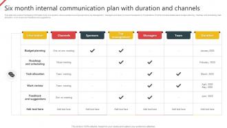 Six Month Internal Communication Plan With Duration And Channels