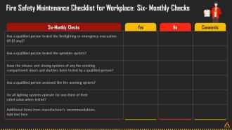 Six Monthly Fire Safety Maintenance Checklist For Workplace Training Ppt