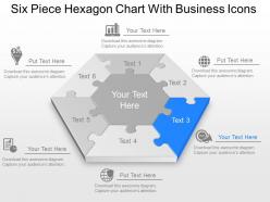 Six piece hexagon chart with business icons powerpoint template slide
