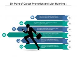 Six point of career promotion and man running with briefcase graphic