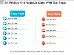 Six positive and negative signs with text boxes