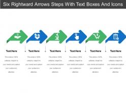 Six rightward arrows steps with text boxes and icons