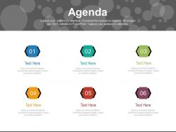 Six staged business agenda diagram powerpoint slides