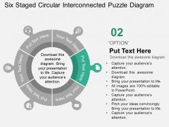 Six staged circular interconnected puzzle diagram flat powerpoint design