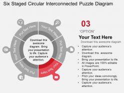 Six staged circular interconnected puzzle diagram flat powerpoint design