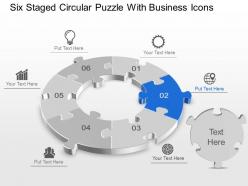 Six staged circular puzzle with business icons powerpoint template slide