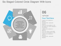 Six staged colored circle diagram with icons flat powerpoint design