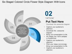 Six staged colored circle flower style diagram with icons flat powerpoint design