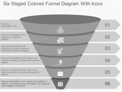 Six staged colored funnel diagram with icons flat powerpoint design