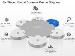 Six staged global business puzzle diagram powerpoint template slide