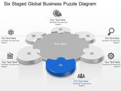 Six staged global business puzzle diagram powerpoint template slide