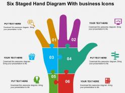 Six staged hand diagram with business icons flat powerpoint design