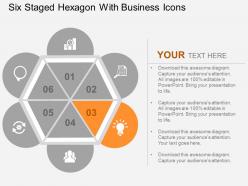 Six staged hexagon with business icons flat powerpoint design