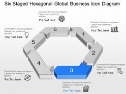 Six staged hexagonal global business icon diagram powerpoint template slide
